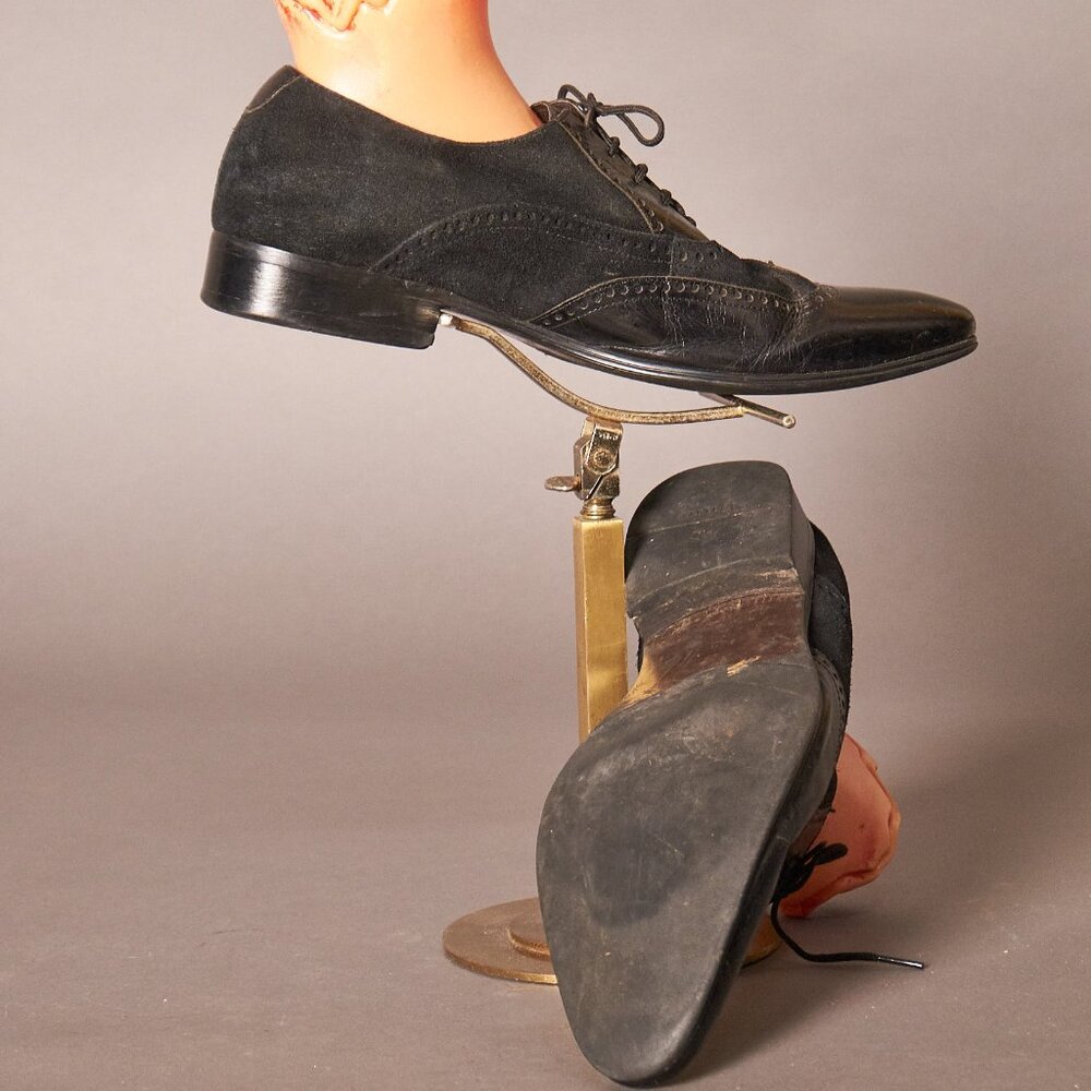 1990s Dune Wingtip Black Suede and Patent Leather Shoes